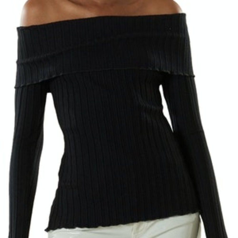 Simon Miller Off-Shoulder Black Ribbed Long Sleeve Top